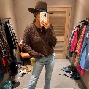 Free People Cutting Edge Cable Sweater In Chocolate size xs